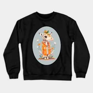 A giraffe in a jacket stands next to the flowers Crewneck Sweatshirt